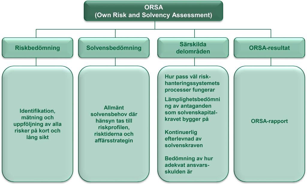 ADMINISTRATIONSSYSTEM Styrelsen granskar och godkänner ORSA-rapporten som upprättas minst en gång per år och som lämnas till tillsynsmyndigheten. Styrelsen deltar också aktivt i ORSA-processen, bl.a. genom att styra bedömningen och genom att ifrågasätta resultaten tillsammans med ett av styrelsen utsett granskningsutskott.