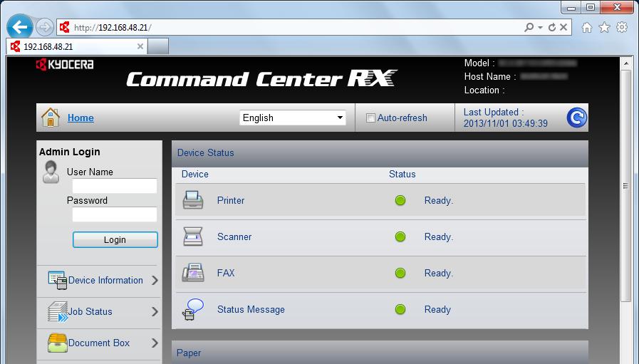 Installera och ställa in maskinen > Command Center RX Åtkomst av Command Center RX 1 Visa skärmen. 1 Starta webbläsaren.