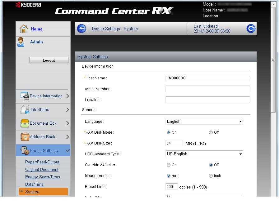 Installera och ställa in maskinen > Command Center RX Ändra enhetsinformation 1 Visa skärmen. 1 Starta webbläsaren. 2 I adressfältet eller adressraden anger du maskinens IP-adress eller värdnamnet.