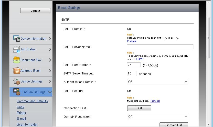 Ställ in SMTP (E-mail TX) på [On] i Send Protocols.