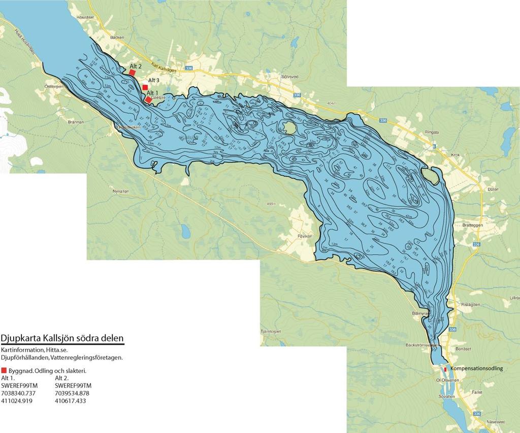 Figur 9 djupkarta Kallsjön södra delen 5.2.4 Bottenstruktur och strömförhållanden Från land och ut till ca 15 meters djup består botten av sten och grus.
