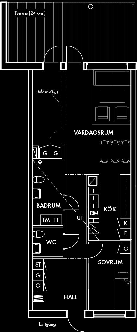 Fina ytor för samvaro och många olika möbleringsmöjligheter.