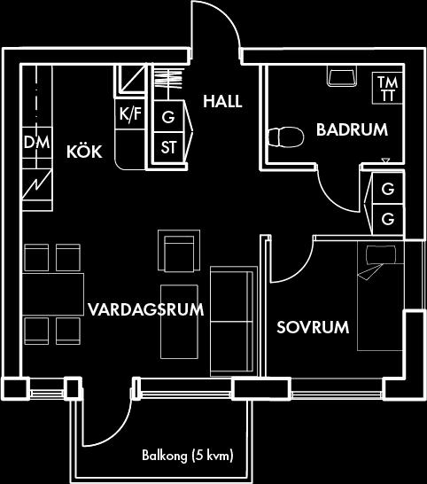 Välplanerad tvåa med kök och vardagsrum i öppen planlösning, stor balkong och rymligt sovrum.