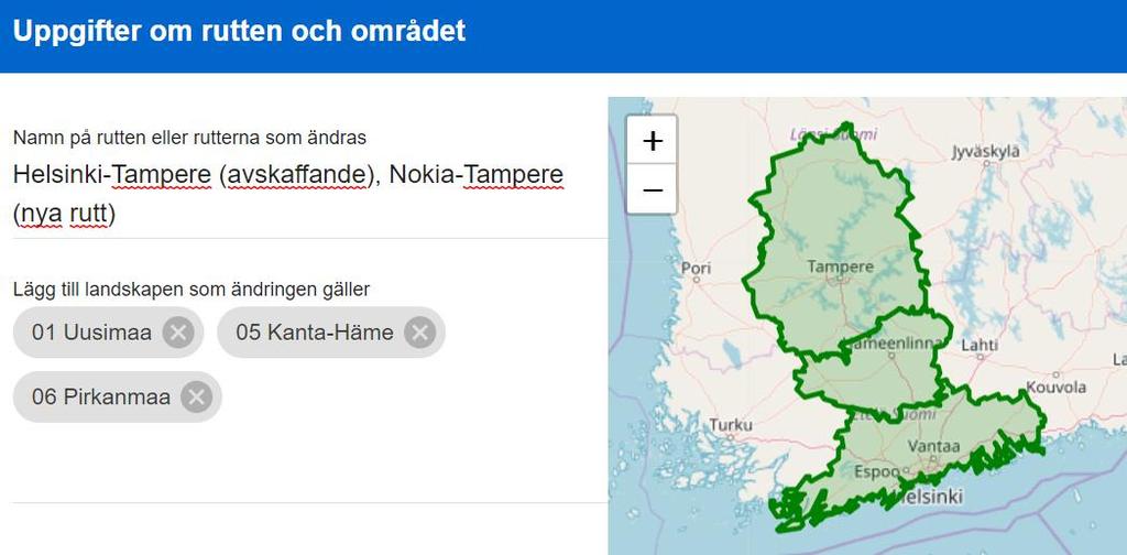 Välj ett landskap i taget. När ett landskap har valts visas namnet på det inom en grå ellips. Dessutom visas landskapets gränser med grönt på kartan.