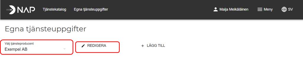 Anvisning 69 (71) 9. Hur ska jag göra för att ta bort en tjänsteproducent jag skapat från NAP-tjänsten? Gå till sidan Egna tjänsteuppgifter.
