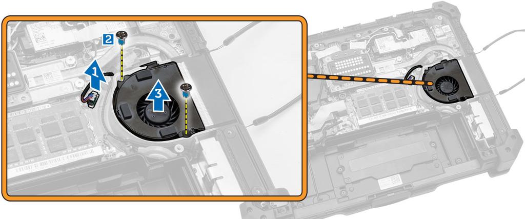 Installera systemfläkten 1. Rikta in systemflتkten i sitt lتge شp datorchassit. 2. Dra tش skruvarna som hشller fast systemflتkten i datorchassit. 3.
