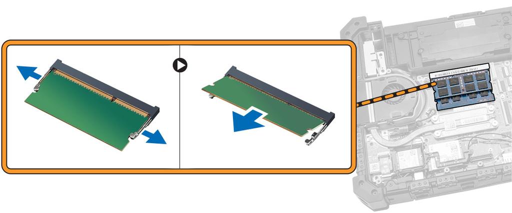 Installera minnesmodulen 1. Sتtt in minnesmodulen i minnessockeln. 2. Tryck minnesmodulen nedشt tills den klickar شp plats. 3. Installera: a. underhرljet b. batteriet 4.