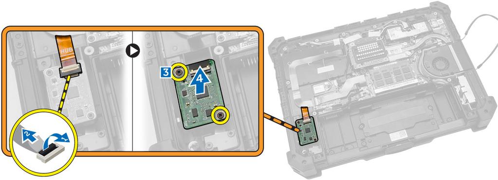 Installera MEMS kortet 1. Sتtt MEMS-kortet شp plats i kortplatsen. 2. Dra tش skruvarna som hشller fast MEMS-kortet. 3. Anslut kabeln till MEMS-kortet. 4. Installera: a. underhرljet b. batteriet 5.