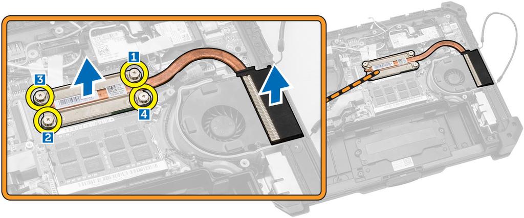 a. batteriet b. underhرljet 3. Ta bort kylflتnsen genom att: a. Lossa skruvarna som hشller fast kylflتnsen i moderkortet i ordningen som visas [1,2,3,4].