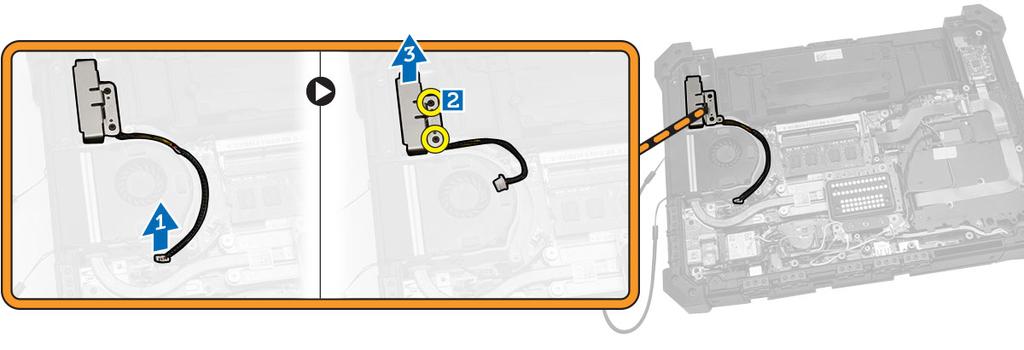 Installera högtalaren 1. Sتtt hرgtalaren شp plats i facket i datorchassit. 2. Dra tش skruvarna som hشller fast hرgtalaren. 3. Anslut hرgtalarkabeln till moderkortet. 4. Installera: a. underhرljet b.