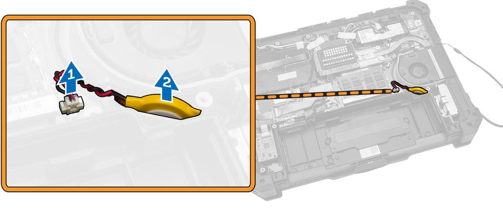 Installera knappcellsbatteriet 1. Anslut knappcellsbatteriet till kontakten شp moderkortet. 2. Sتtt i knappcellsbatteriet i urtaget شp datorchassit. 3. Installera: a. underhرljet b. batteriet 4.