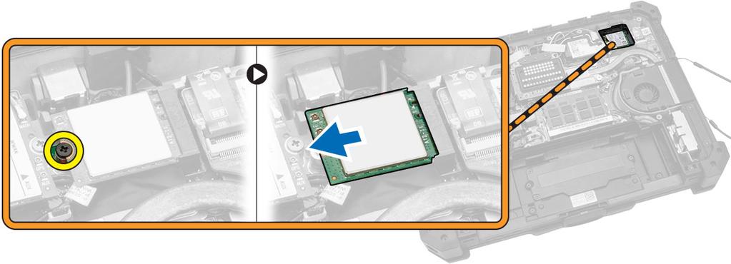 Installera WLAN kortet 1. Sتtt i WLAN-kortet i kortplatsen. 2. Sتtt fast skruven som hشller fast kabelhشllaren. 3. Anslut antennkablarna till WLAN-kortet. 4. Installera: a.