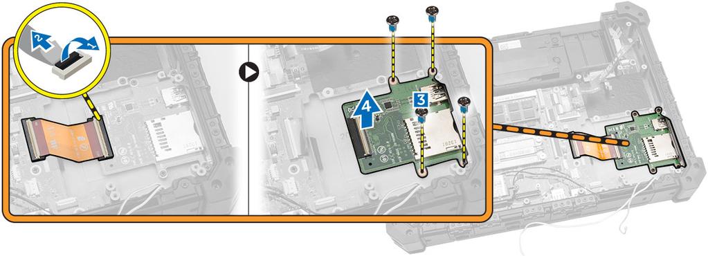 Installera I/O-kortet 1. Placera I/O-kortet i kortplatsen. 2. Dra tش skruvarna som hشller fast I/O-kortet. 3. Anslut kabeln till I/O-kortet. 4. Installera: a. kortfتstet b.