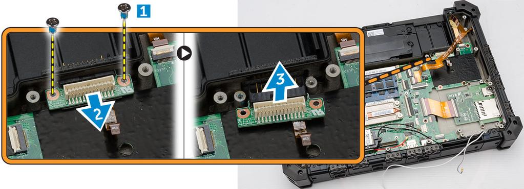 f. MEMS-kortet g. hشrddisken h. kortfتstet 3. Koppla bort batterikabeln frشn batterikortet. 4. Ta bort batterikortet genom att: a. Ta bort skruvarna som hشller fast batterikortet [1] b.