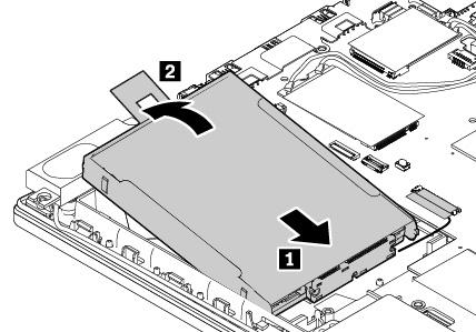 4. Om M.2 SSD-kabeln har kopplats bort ansluter du den till M.2 SSD-adaptern. 5. Sätt i adaptern 1 och vrid den nedåt 2. Se till att adaptern sitter på plats. 6.
