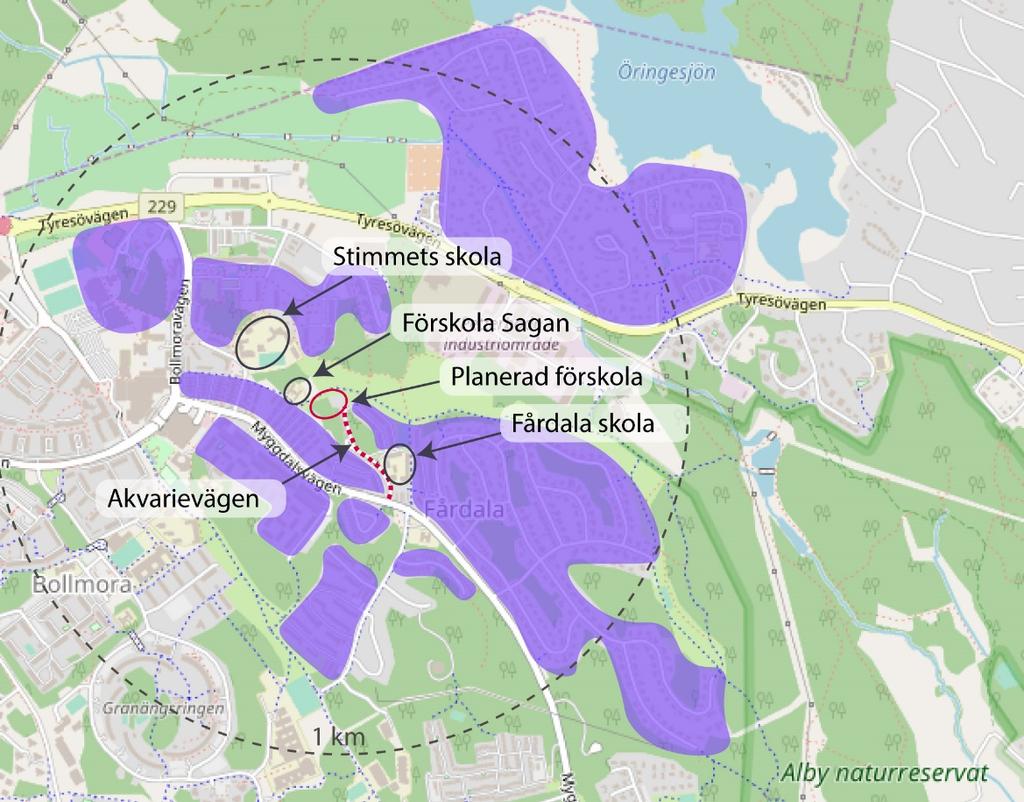 13 vilket skapar goda förutsättningar för att gå eller cykla. En grov uppskattning av förskolans upptagningsområden visas Figur 4-3.