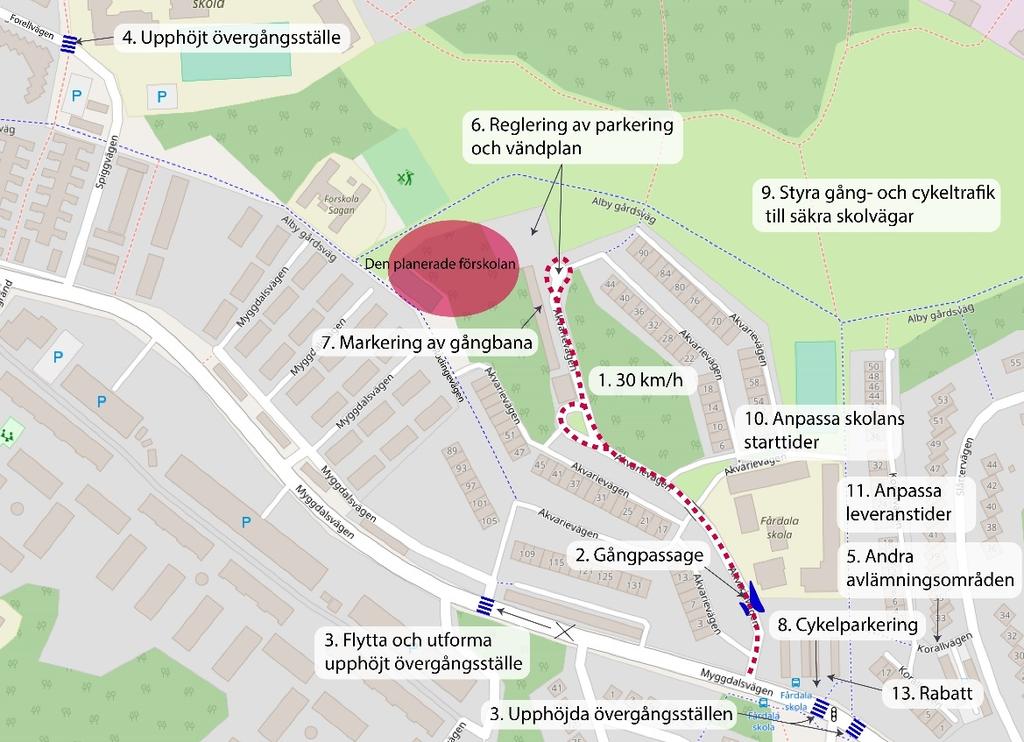 19 6. Åtgärder och rekommendationer Flera av de föreslagna åtgärderna handlar om att uppmuntra gång och cykel, för att minska mängden biltrafik då den bidrar till flera negativa konsekvenser.