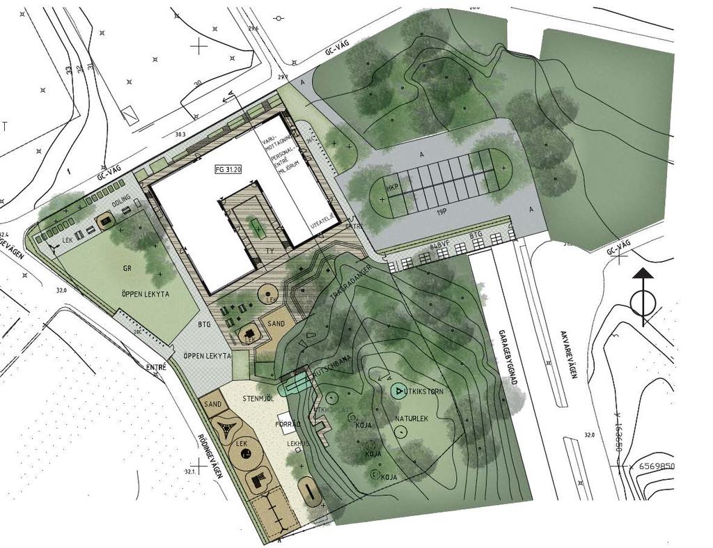 2 barnvagnsparkering. Området är kuperat och skogspartiet bakom garagen kommer att behållas för naturlek. Cirka 50 meter från den planerade förskolan finns idag förskolan Sagan.