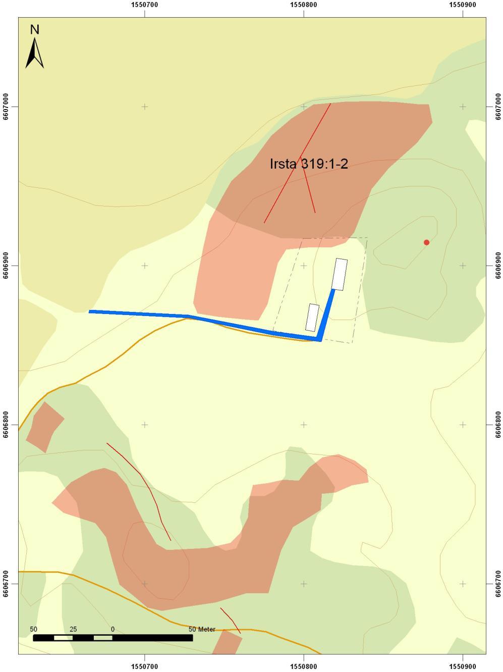 Figur 2. Schaktet vid Berga markerat med blå linje.