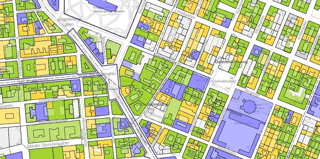 - Det stora reglerings- och utbyggnadsområdet på malmarna, 2 med planstruktur, kyrkor, offentliga byggnader och bostäder.