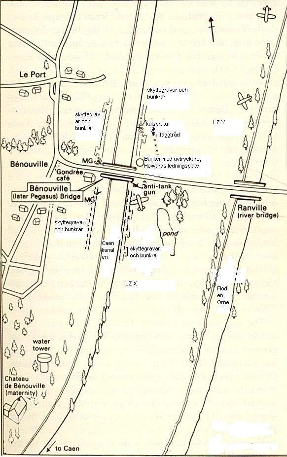 Bilaga 1: Karta över anfallsmålet. LZ= Landningsplats MG = Kulspruta Anti-tank gun = Luftvärnskanon 74 74 Kartan är tagen från: Ambrose E. Stephen, Pegasus Bridge June 6, 1944.