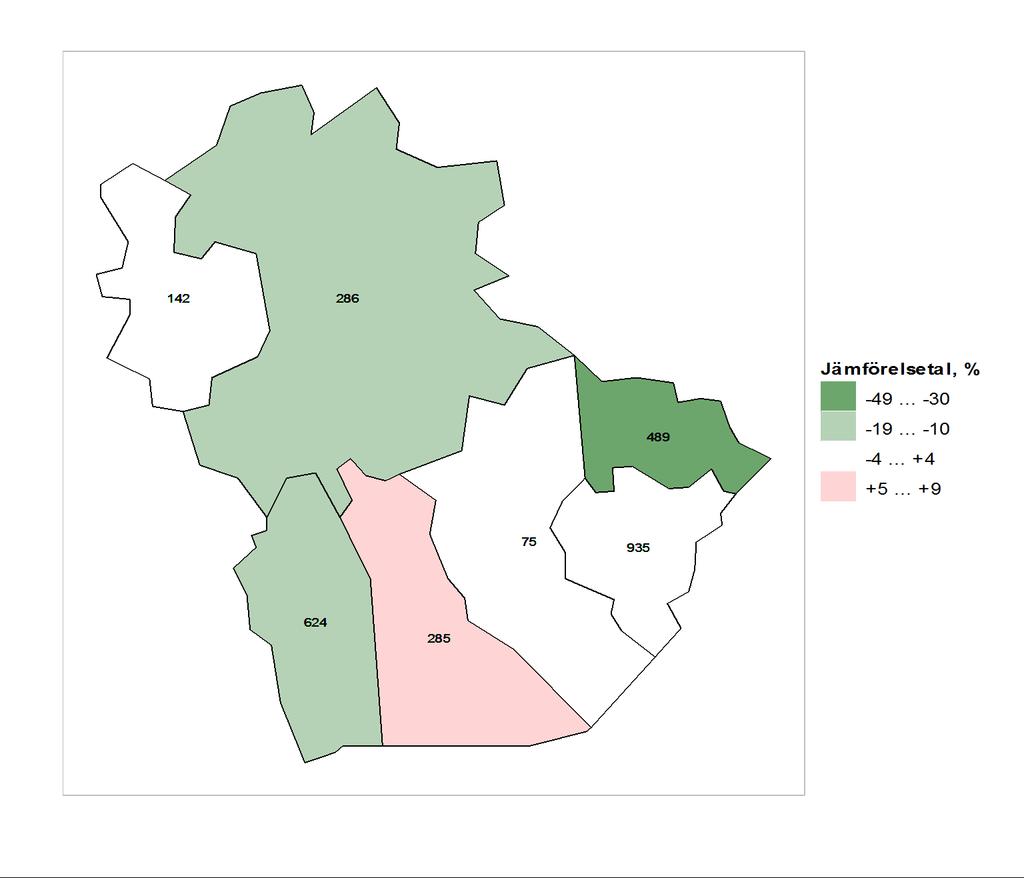 Karta 1. Vårdperioderna på grund av skador och förgiftningar i kommunerna i området jämfört med hela landet 2007 2011. Karta: Lantmäteriverkets översiktskarta 1:4 500 000, 2011.