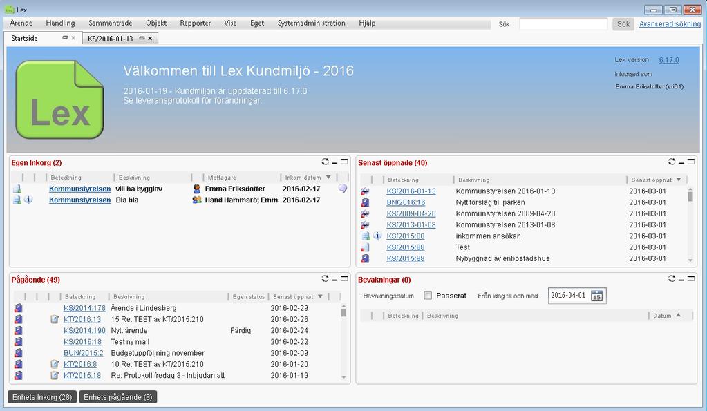 4. Startsidan 4.1 Inledning Efter inloggning visas startsidan.