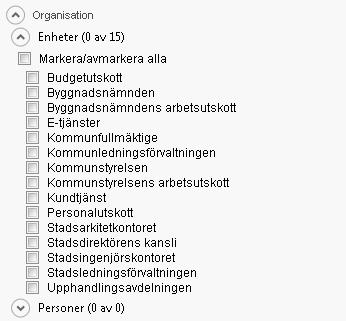 8.2.8 Sökning på detaljnivå organisation enhetsnivå 1. Användaren har valt att söka på exempelvis informationstyp Ä (minst en informationstyp) genom att bocka i detta alternativ. 2.