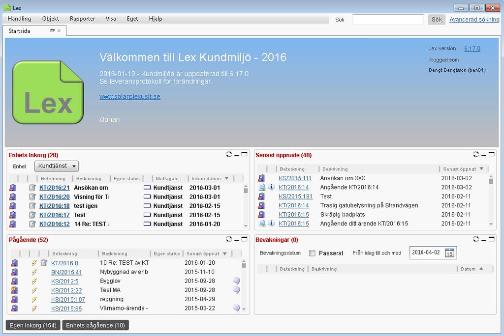 2.1.2 Startsida Ram/fönster med applikationsnamn, min-, max-, och avstängningsknapp. Toppmeny med grundfunktioner och sökmöjlighet.