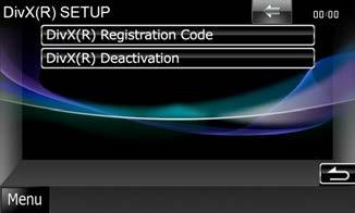 CD, skivor, ipod, USB-enhet, SD-kort Inställning av DivX 1 Ställ in varje funktion som följer. DivX(R) Registration Code Kontrollerar registreringskoden.