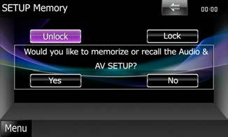 Inställningar Inställning av minnet 3 Följ instruktionerna på skärmen. Inställningarna för ljudfunktioner, AV-INinställning, kamera och ljudinställning kan lagras i minnet.