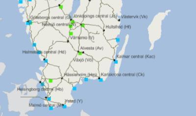 Figur 1 Karta över omlastningscentraler och hamnar i södra Sverige. En grön markering motsvarar en omlastningscentral med järnvägsanslutning medan en blå markering motsvarar en hamn.