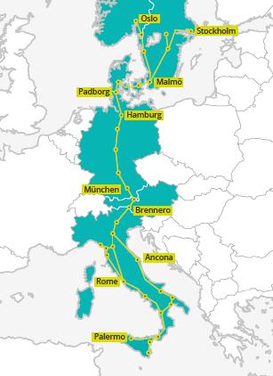 Figur 3 Karta över transportkorridor för järnväg som sträcker sig från södra Italien till Stockholm och Oslo. Bildkälla: (www.trafikverket.se) 1.