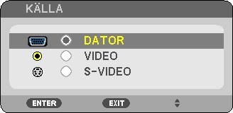3. Projicera en bild (Enkel användning) Välja källa (Source) Välja dator- eller videokälla OBSERVERA: Sätt på datorn eller videobandspelaren som anslutits till projektorn.