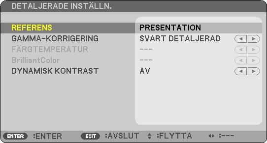 Menybeskrivningar och funktioner [JUSTERA] [BILDJUSTERING] 5. Använda skärmmenyn [FÖRINSTÄLLNING] Med denna funktion kan du optimera inställningarna för din projicerade bild.