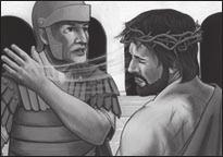 att bli korsfäst.) Pilatus var alltför rädd för att göra det rätta, så han tog ett tvättfat och tvättade sina händer för att visa att han inte ville ansvara för denne mans död.