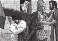 Samtidigt lät Pilatus soldaterna slå Jesus. Sen satte de på honom en purpurfärgad mantel och en krona flätad av skarpa törnen. De hånade honom och sa: Leve judarnas Konung!