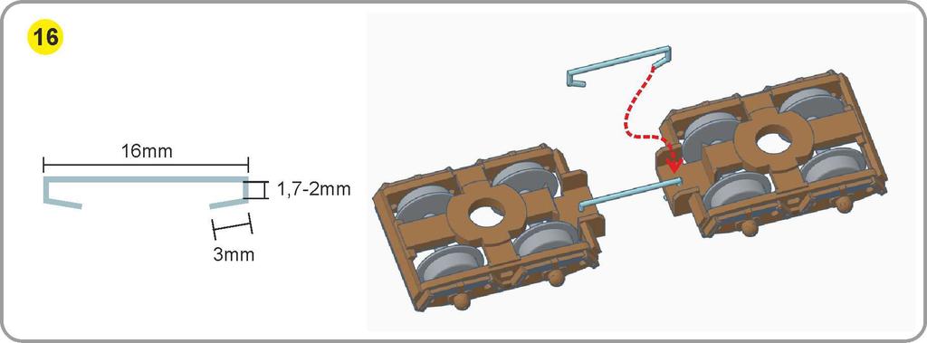 Koppel olika alternativ. För att dra ned på kostnaden levereras byggsatsen endast med en 0,3 mm metalltråd som kan vikas till och användas som koppel mellan fast sammankopplade ballastvagnar.