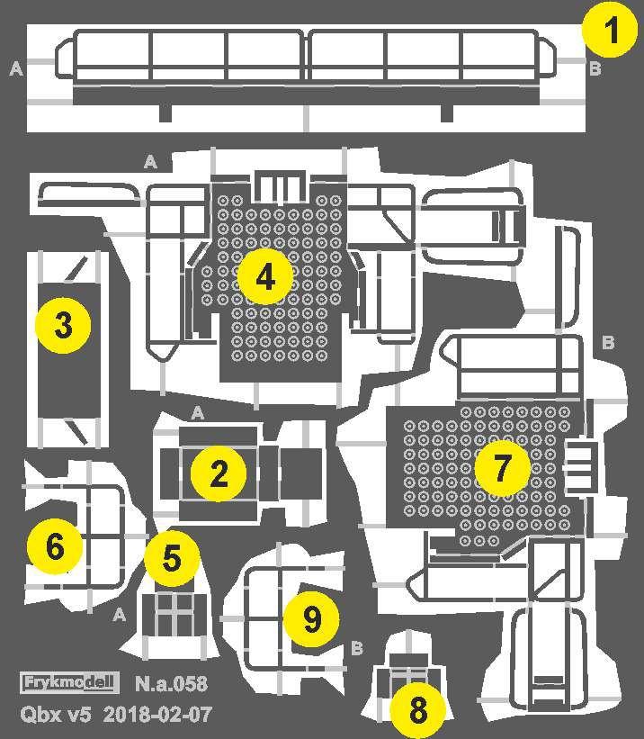 Byggsatsens innehåll plus extra tillbehör Etsplåten 1 Sidoplattform 2 Apparatskåp 3 Skyddsplåt till Mini-Qbx Plattform A 4 Plattform A 5 Låda 6 Räcke Plattform B 3D-printade delar 7 Plattform B 8