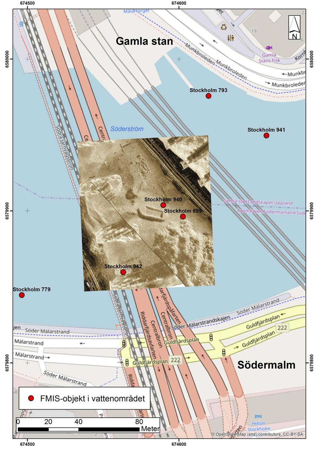 Figur 8. Kartan visar sonarmosaik med de nu aktuella FMIS-objekten Stockholm 940 och 942.