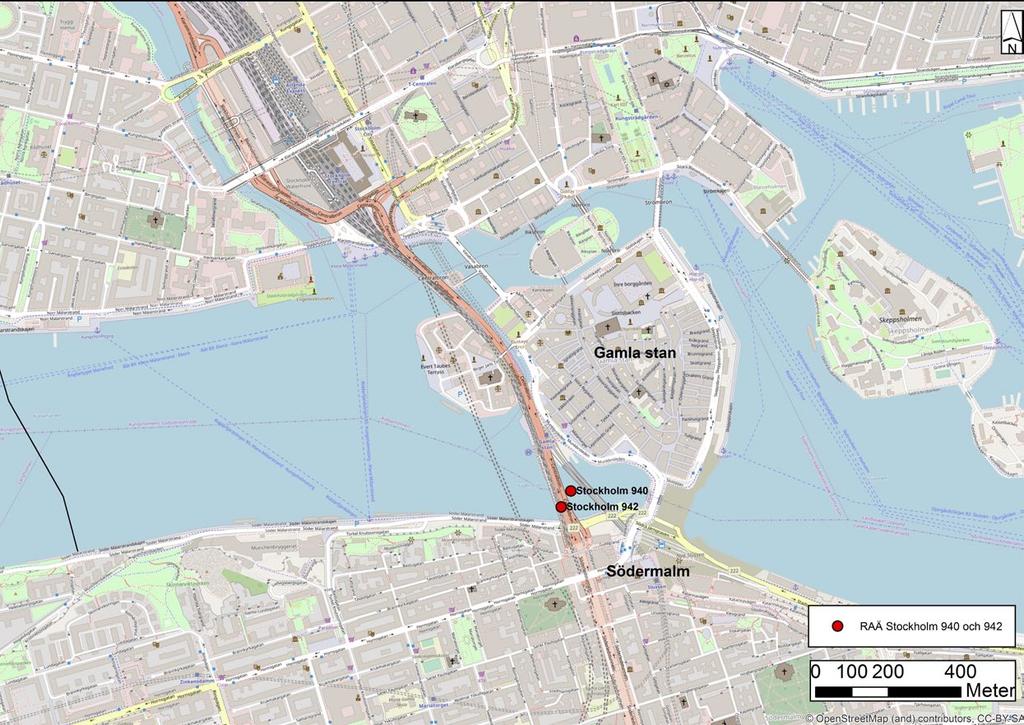 Figur 1. Kartan visar läget för de nu aktuella FMIS-objekten Stockholm 940 och 942.