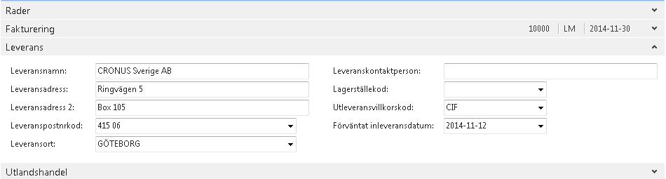 Dimension 1 kod (här kallat Avdelning kod) Dimension 2 kod (här kallat Projekt kod) Betalningsvillkorskod Förfallodatum Kassarabatt % Betalningssätt Betalningsreferens Fordringsägarenr Stoppad Moms