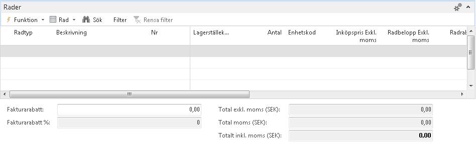 Fältförklaring fliken Rader: Radtyp Beskrivning Nr Antal Inköpspris Exkl. Moms Radbelopp Exkl. moms Dimension 1 kod (här kallat Avdelning kod) Dimension 2 kod (här kallat Projekt kod) Välj Redov.