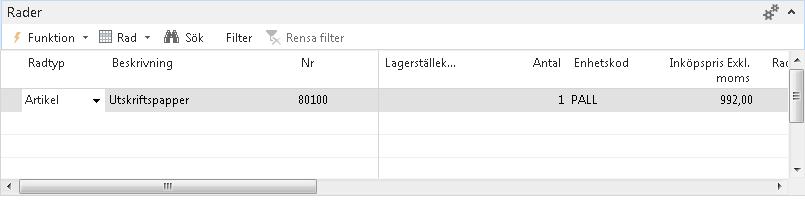Använda funktionen: När du skapat en ny leverantörsfaktura och valt rätt leverantör på fliken Allmänt går du till fliken Rader.