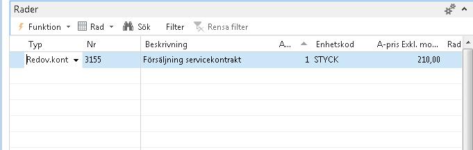 När informationen på alla ovanstående flikar är ifylld är det dags att registrera fakturans rader. Fältförklaring fliken Rader: Radtyp Nr Beskrivning Antal Enhetskod A-pris Exkl. moms Radbelopp Exkl.