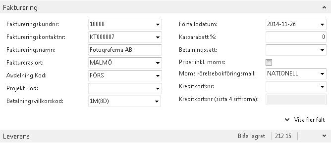 Fältförklaring fliken Fakturering: Faktureringskundnr Dimension kod 1 (här kallad Avdelning) Dimension 2 kod (här kallad Projekt)