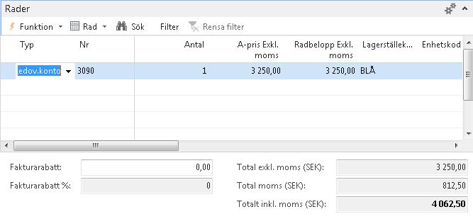 När informationen på flikarna ovan är ifylld är det dags att registrera raderna. Fältförklaring fliken Rader: Radtyp Nr Beskrivning Antal Enhetskod A-pris Exkl. moms Välj mellan alternativet Redov.