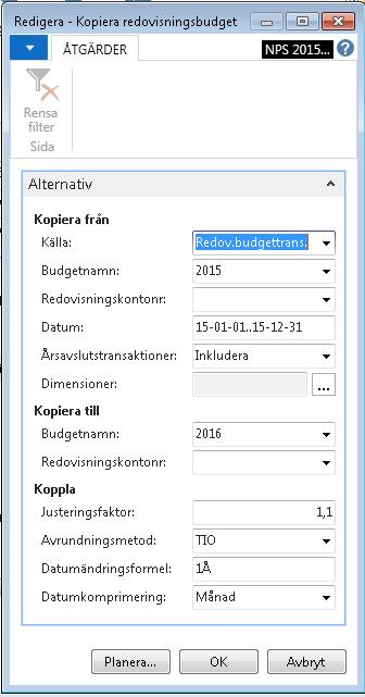 Fältförklaring Kopiera från Källa Redovisningskontonr Datum Du kan välja att kopiera en tidigare budget eller att utgå från utfallet under en period. Om du vill kopiera en budget så väljer du Redov.