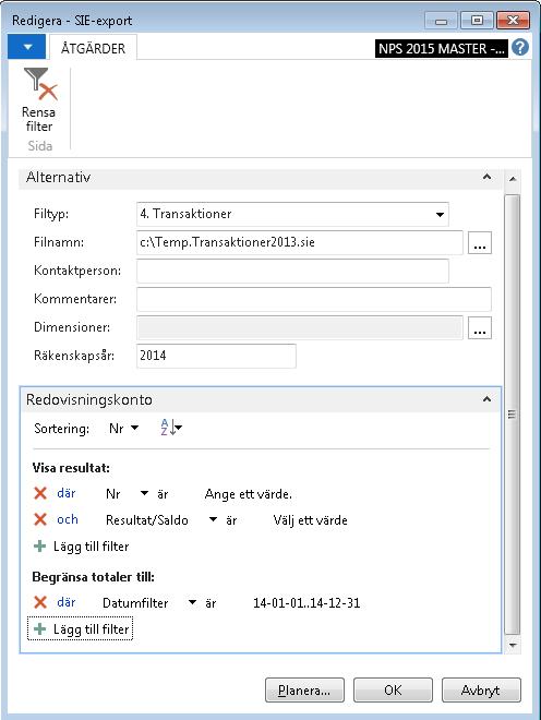 3.6 SIE SIE är ett standardformat som används av flera program för att kunna utbyta redovisningsdata. SIE-export Exportfunktionen används för att hämta ut redovisningsdata ur NAV. Filen kan t.ex. användas för att skicka till revisorn och underlätta bokslutsarbetet.