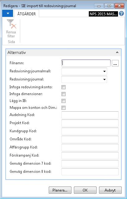 Fältförklaring fliken Alternativ. Filnamn Ange sökväg och namn för filen du vill importera. Klicka på knappen Assist för att peka ut filen.